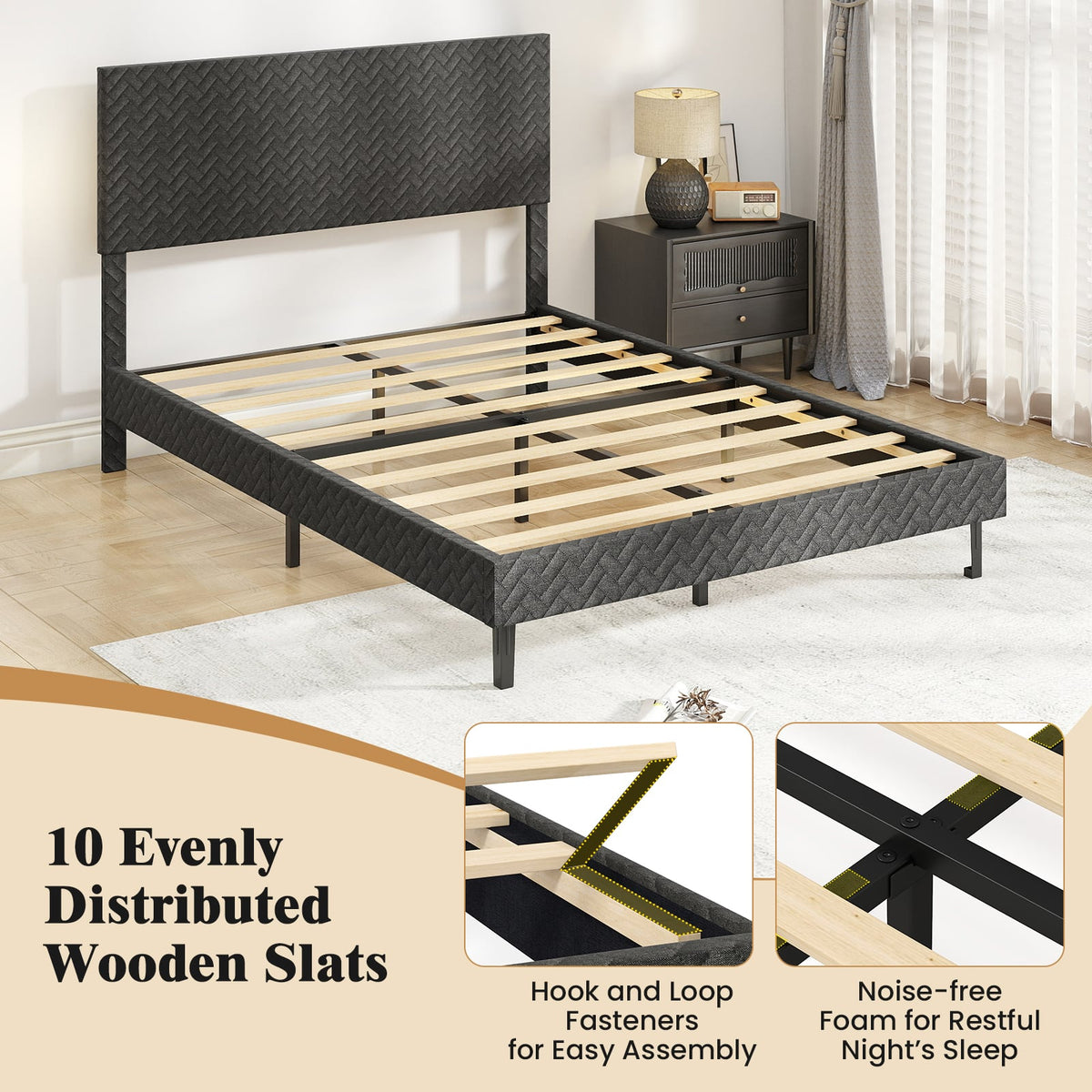 Full Size Velvet Bed Frame Upholstered Platform Bed with Chevron Headboard Gray-Simple Bed Frame-DECOROLALA