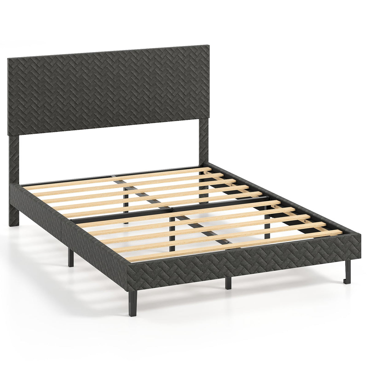 Full Size Velvet Bed Frame Upholstered Platform Bed with Chevron Headboard Gray-Simple Bed Frame-DECOROLALA