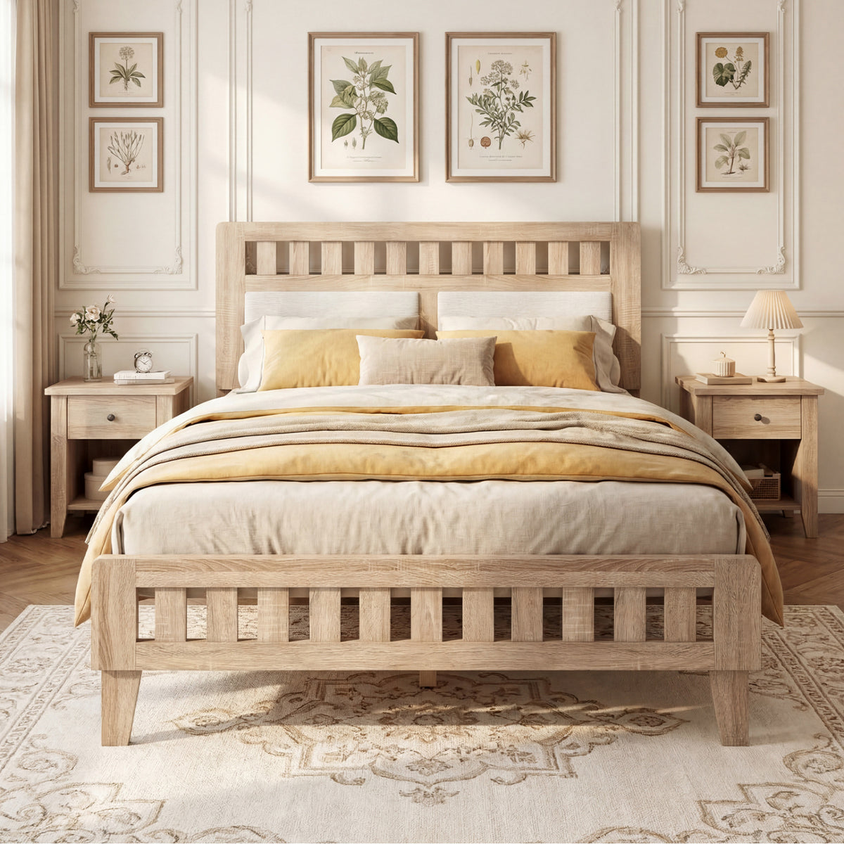 Full Size Wood Bed Frame with Upholstered Headboard Mid Century Style-Simple Bed Frame-DECOROLALA