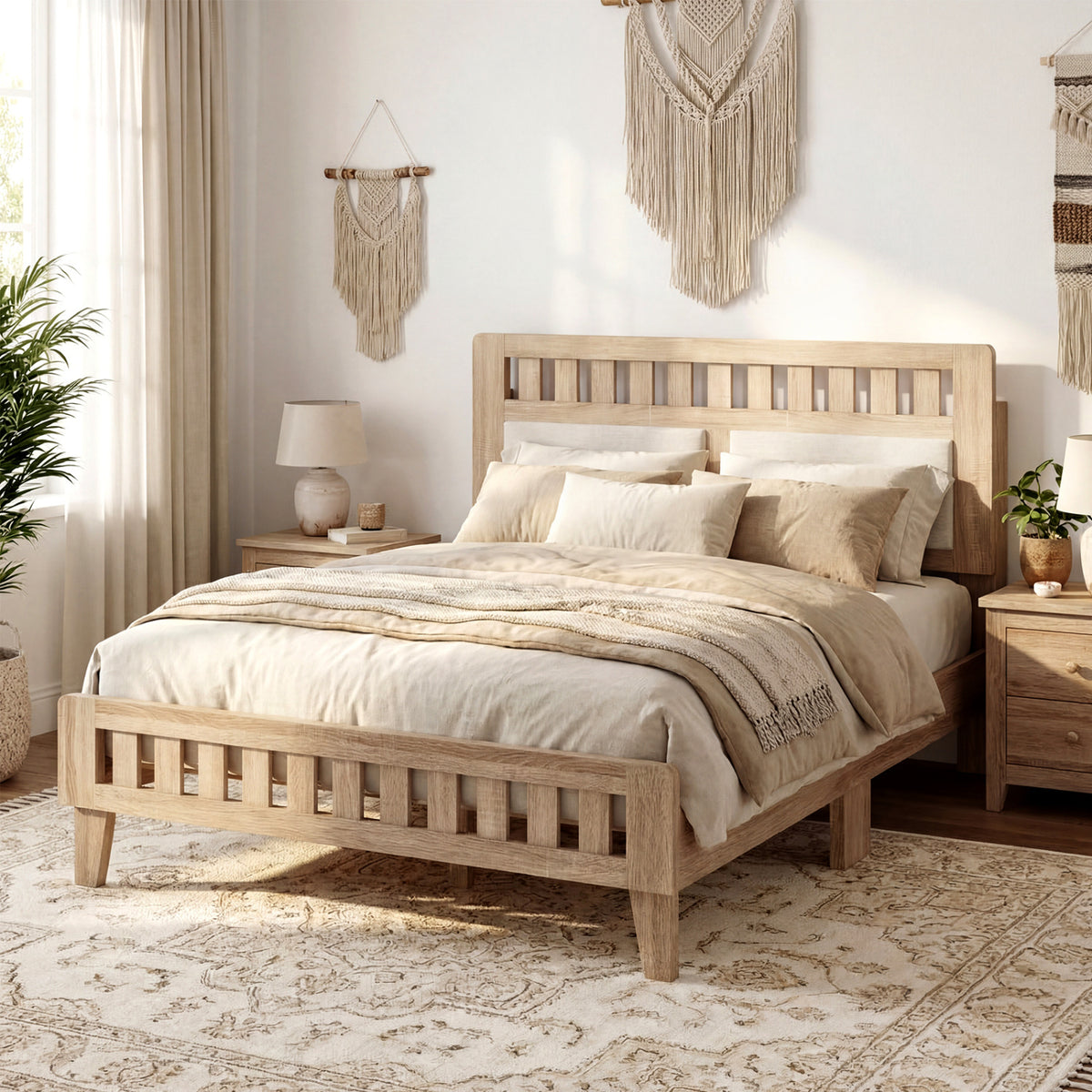 Full Size Wood Bed Frame with Upholstered Headboard Mid Century Style-Simple Bed Frame-DECOROLALA