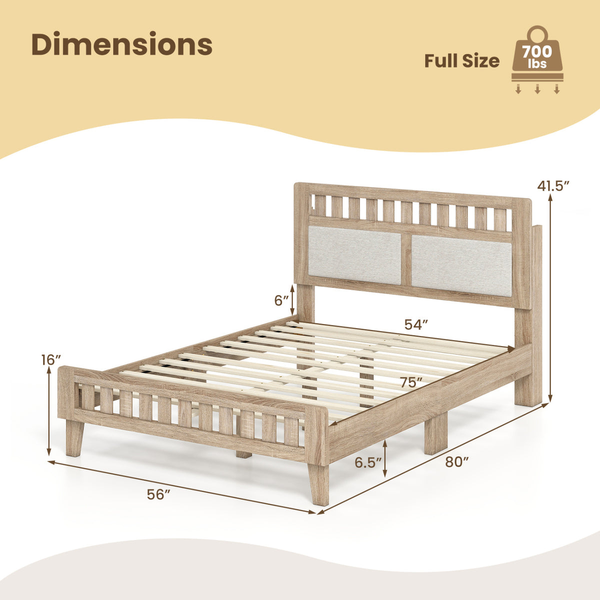 Full Size Wood Bed Frame with Upholstered Headboard Mid Century Style-Simple Bed Frame-DECOROLALA