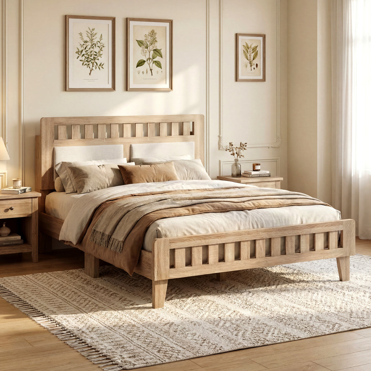 Full Size Wood Bed Frame with Upholstered Headboard Mid Century Style-Simple Bed Frame-DECOROLALA