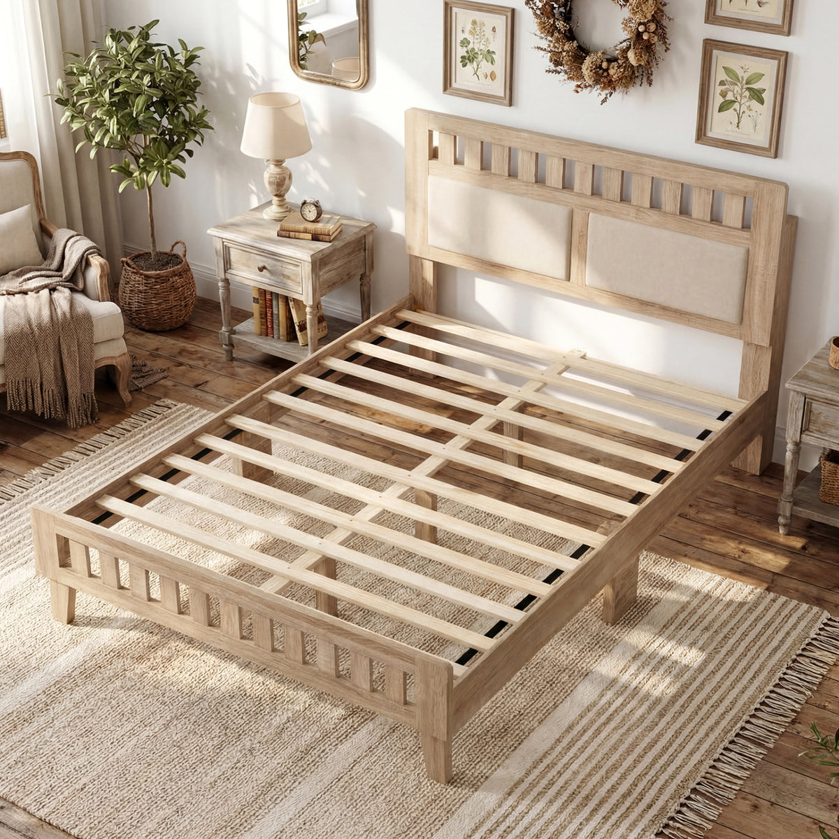 Full Size Wood Bed Frame with Upholstered Headboard Mid Century Style-Simple Bed Frame-DECOROLALA