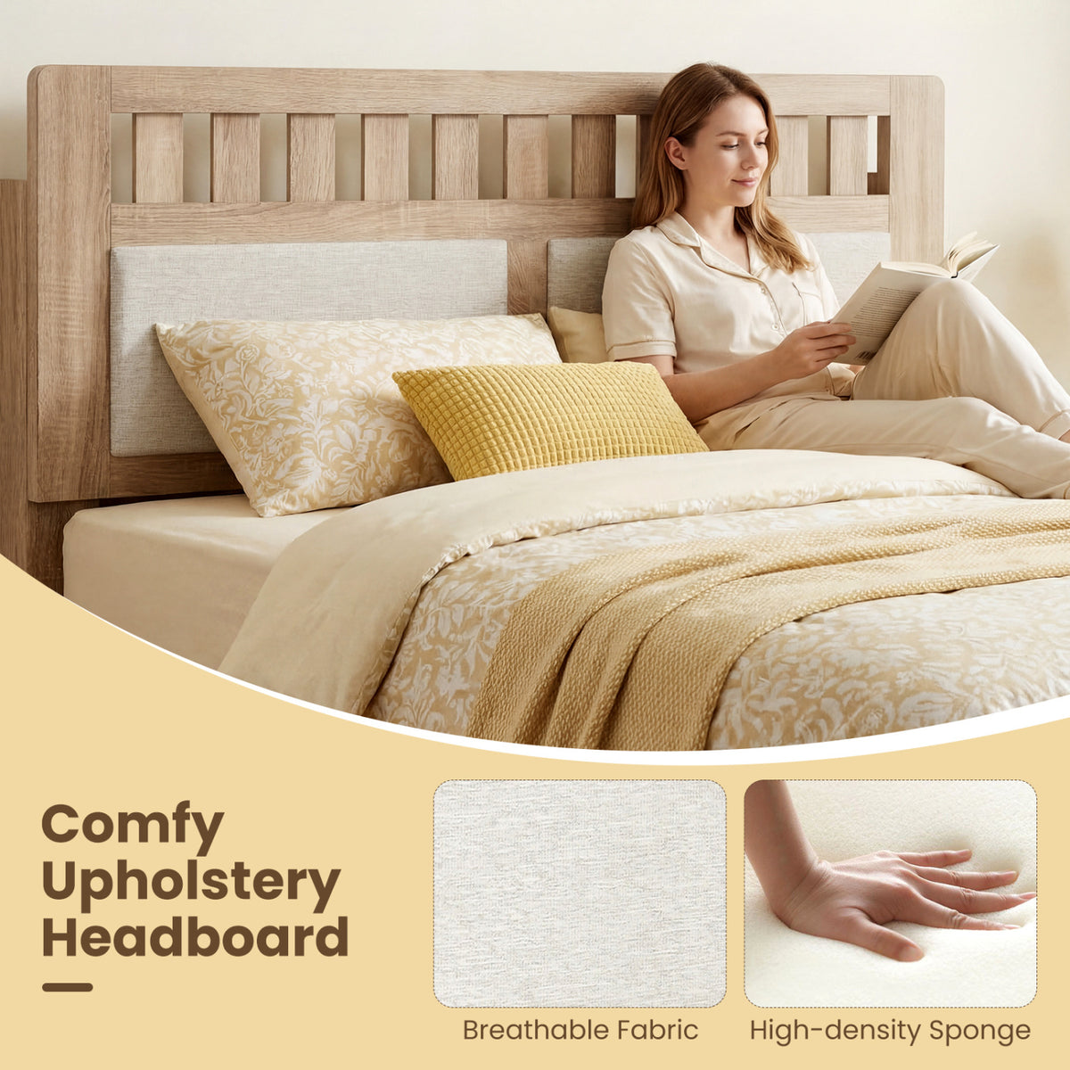 Full Size Wood Bed Frame with Upholstered Headboard Mid Century Style-Simple Bed Frame-DECOROLALA