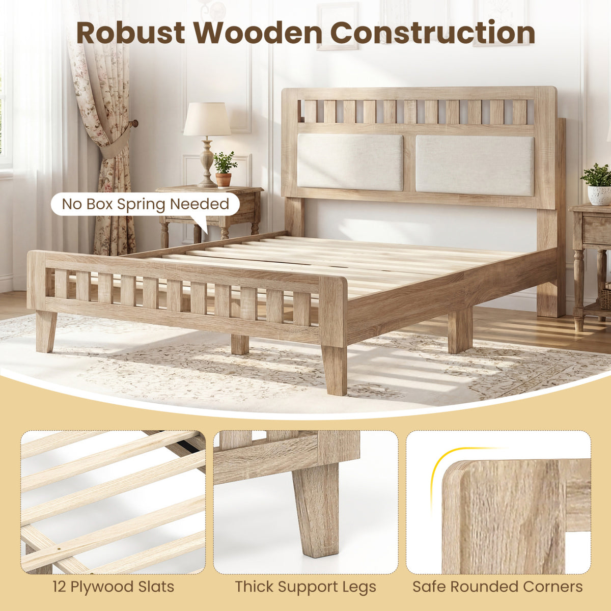 Full Size Wood Bed Frame with Upholstered Headboard Mid Century Style-Simple Bed Frame-DECOROLALA
