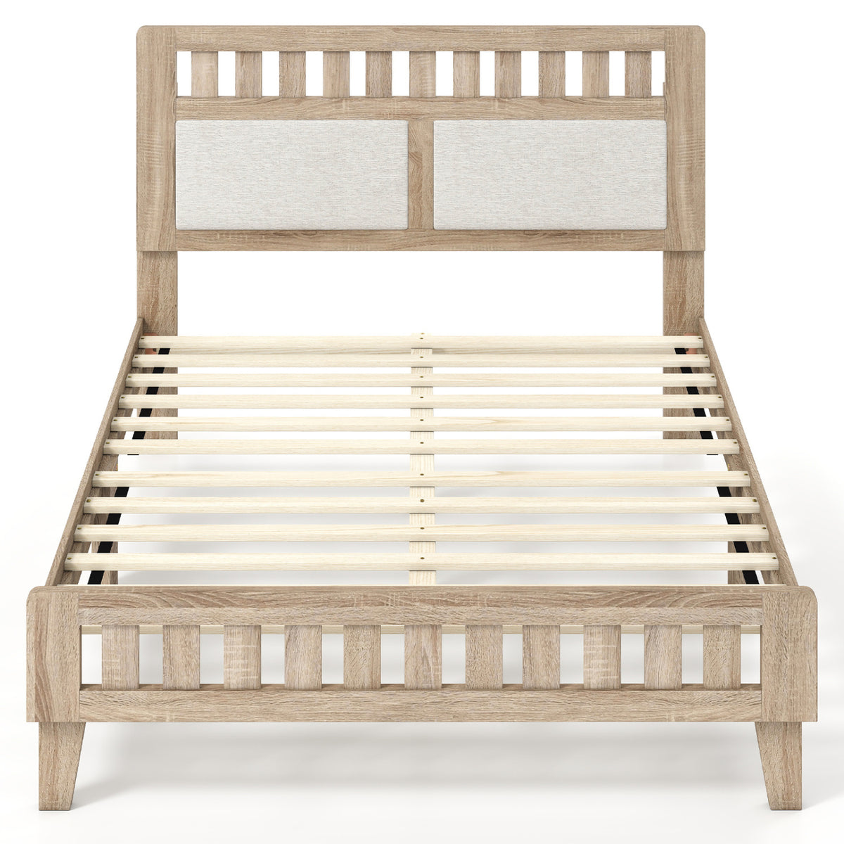 Full Size Wood Bed Frame with Upholstered Headboard Mid Century Style-Simple Bed Frame-DECOROLALA
