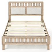 Full Size Wood Bed Frame with Upholstered Headboard Mid Century Style-Simple Bed Frame-DECOROLALA