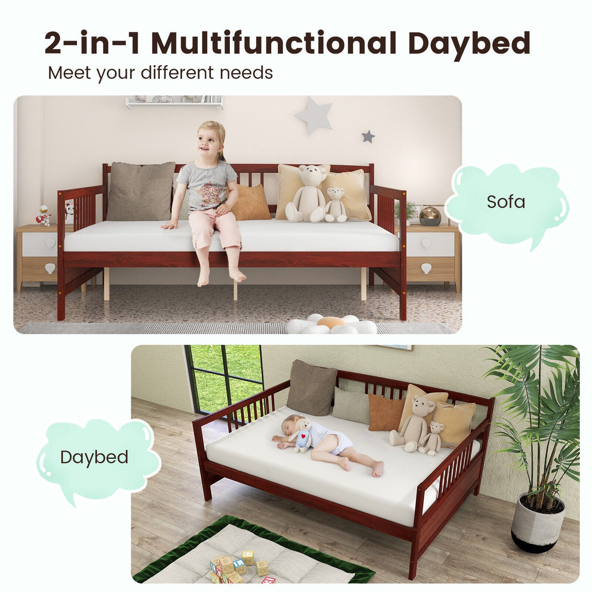 Daybed Frame with Guardrails Full Size-Trundle Bed Frame-DECOROLALA