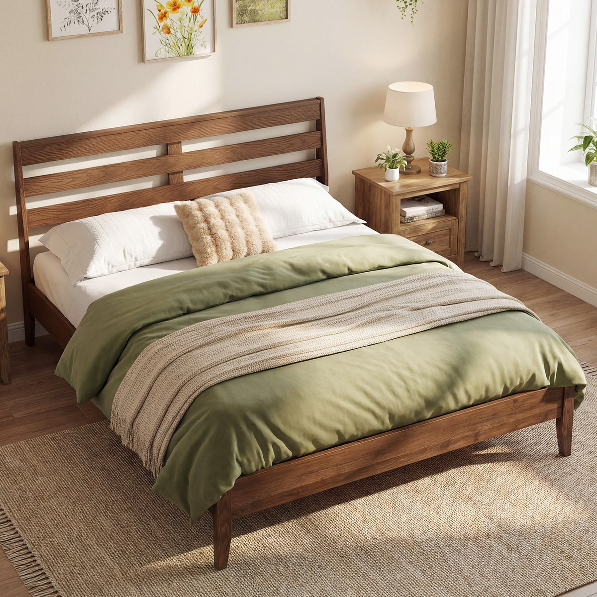 Full Size Wood Platform Bed Frame with Slat Headboard-Simple Bed Frame-DECOROLALA