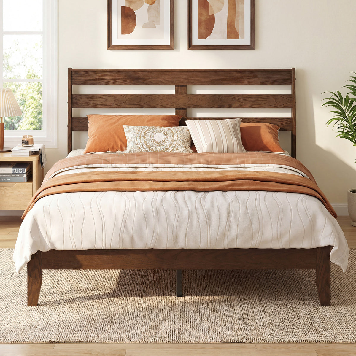 Full Size Wood Platform Bed Frame with Slat Headboard-Simple Bed Frame-DECOROLALA