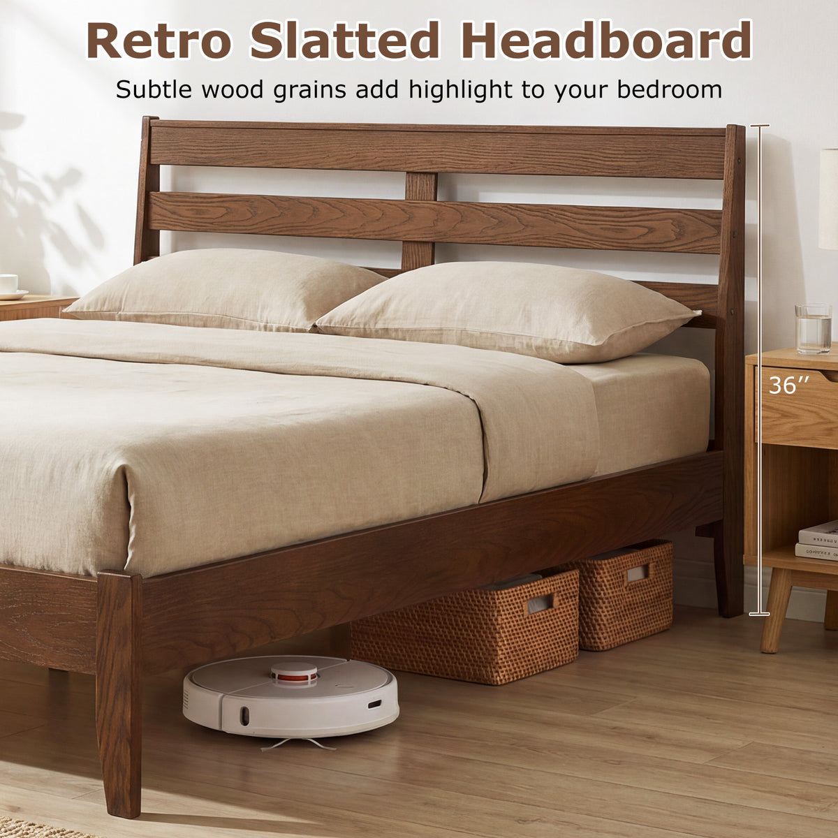 Full Size Wood Platform Bed Frame with Slat Headboard-Simple Bed Frame-DECOROLALA