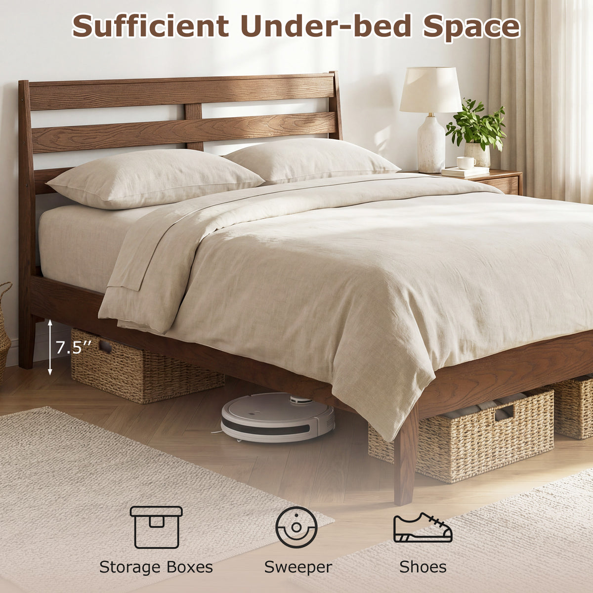 Full Size Wood Platform Bed Frame with Slat Headboard-Simple Bed Frame-DECOROLALA