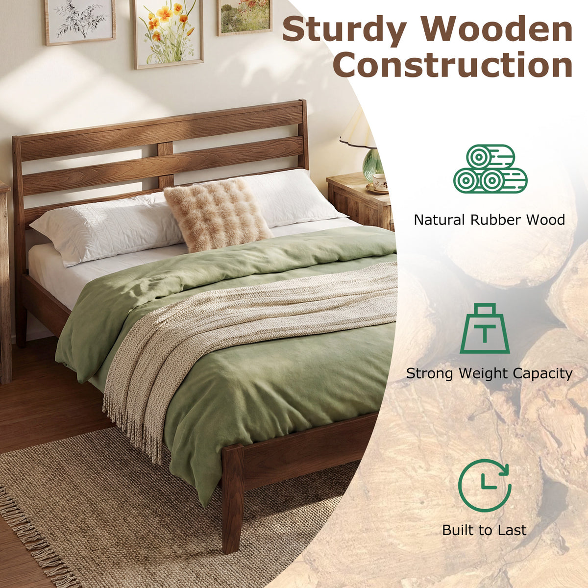 Full Size Wood Platform Bed Frame with Slat Headboard-Simple Bed Frame-DECOROLALA