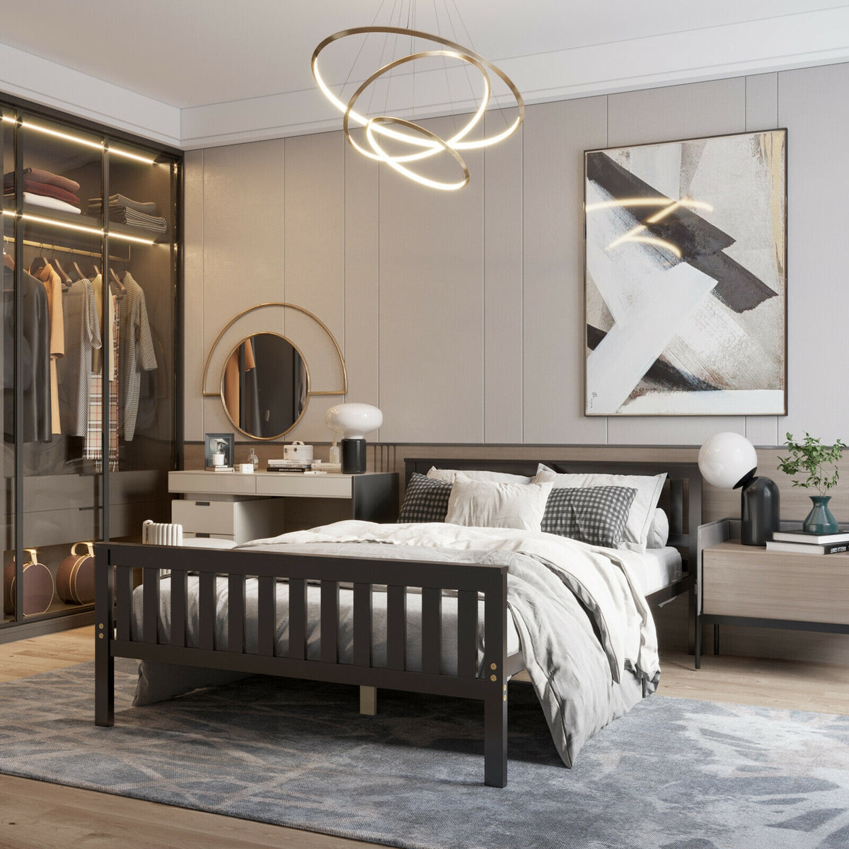 Full Size Wood Platform Bed with Headboard-Simple Bed Frame-DECOROLALA