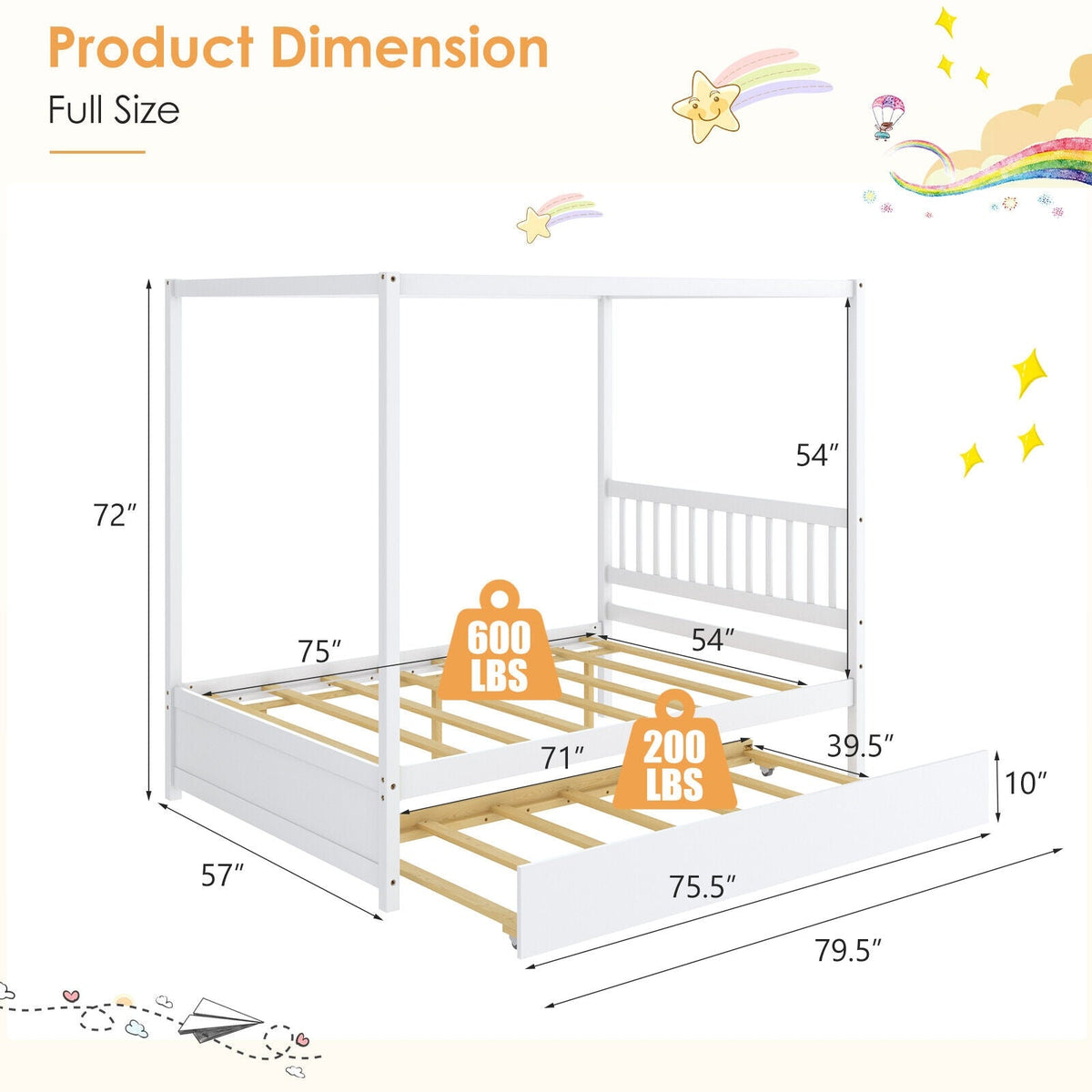 Full Size Canopy Bed with Trundle Wooden Platform Bed Frame Headboard-Trundle Bed Frame-DECOROLALA