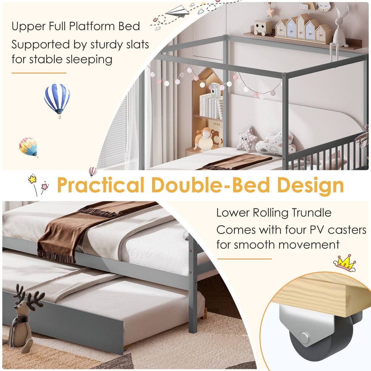 Full Size Canopy Bed with Trundle Wooden Platform Bed Frame Headboard-Trundle Bed Frame-DECOROLALA