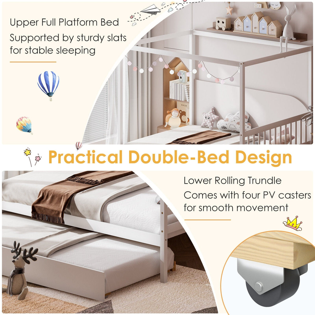 Full Size Canopy Bed with Trundle Wooden Platform Bed Frame Headboard-Trundle Bed Frame-DECOROLALA