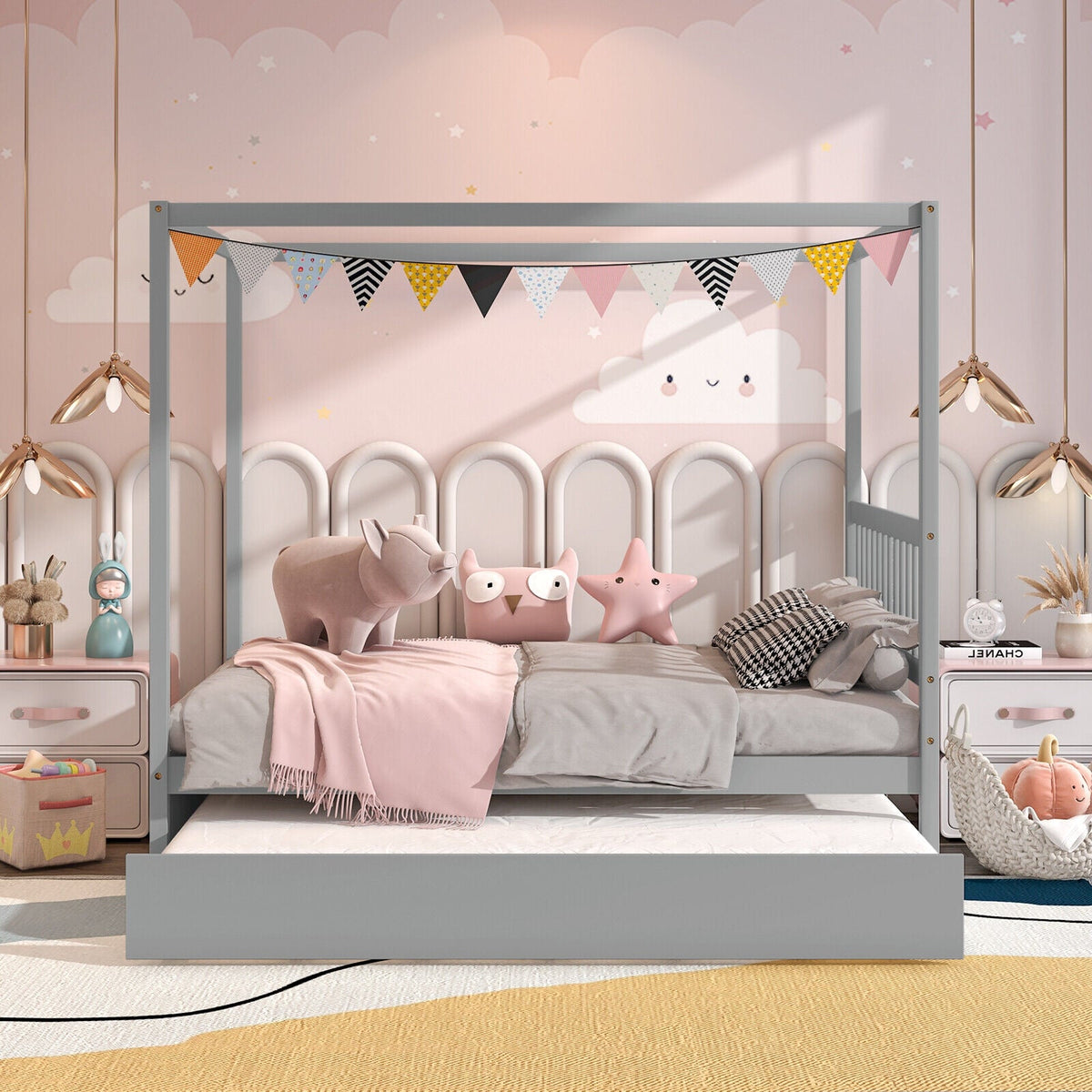 Full Size Canopy Bed with Trundle Wooden Platform Bed Frame Headboard-Trundle Bed Frame-DECOROLALA