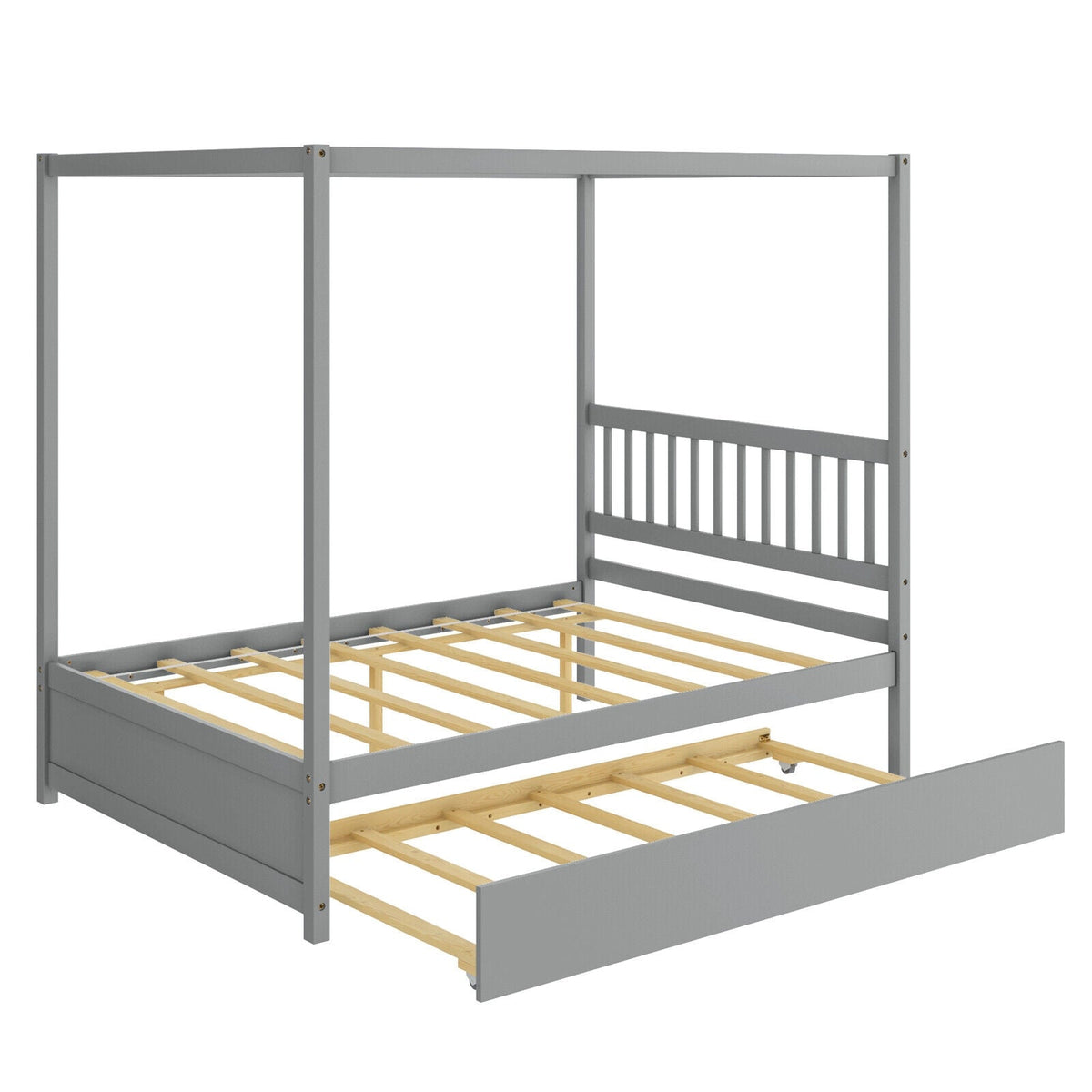 Full Size Canopy Bed with Trundle Wooden Platform Bed Frame Headboard-Trundle Bed Frame-DECOROLALA