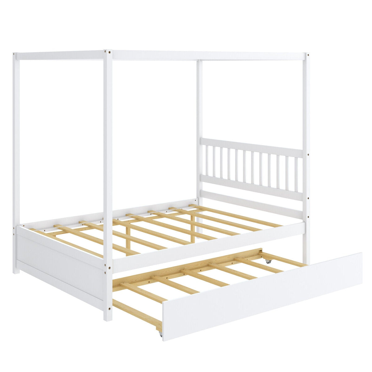 Full Size Canopy Bed with Trundle Wooden Platform Bed Frame Headboard-Trundle Bed Frame-DECOROLALA