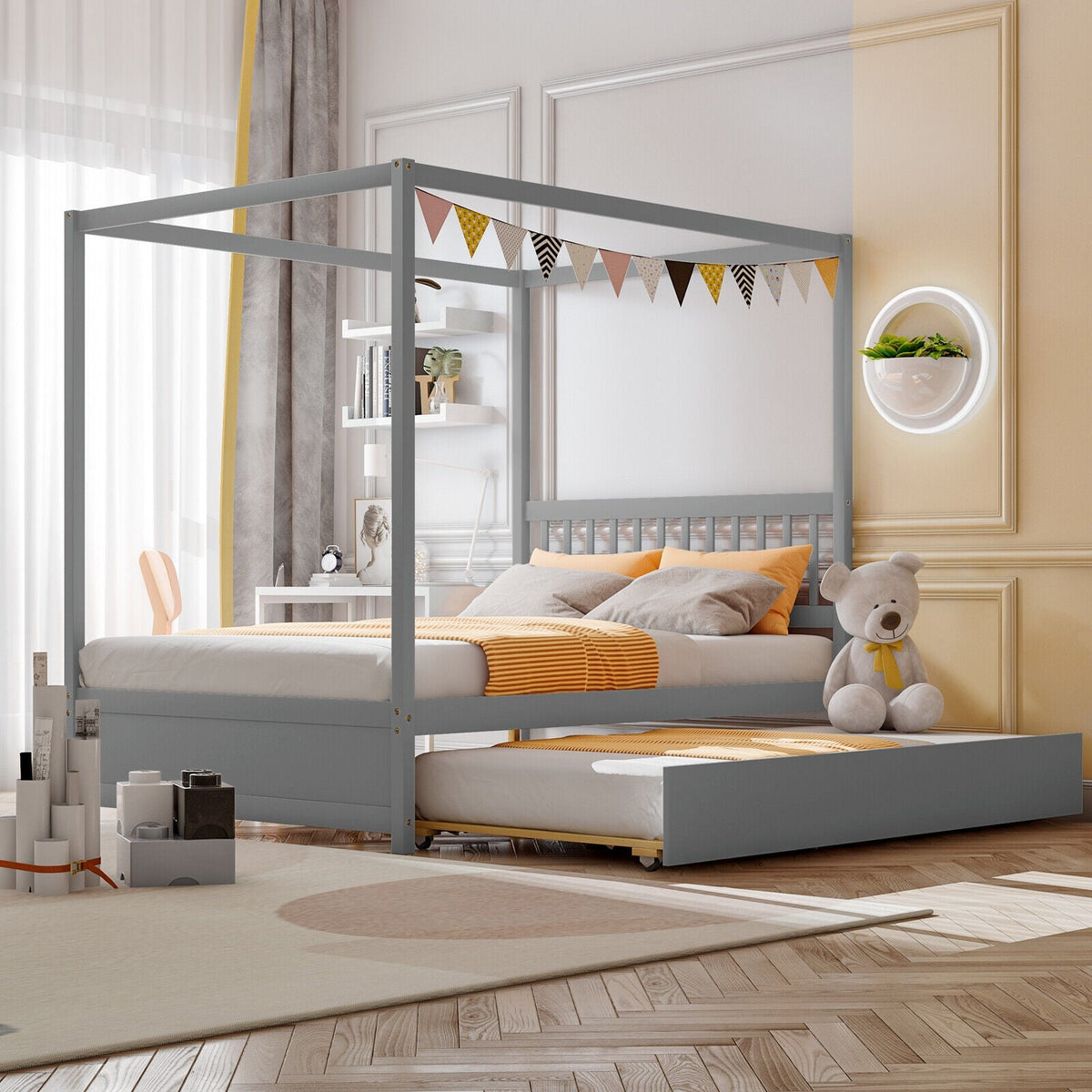 Full Size Canopy Bed with Trundle Wooden Platform Bed Frame Headboard-Trundle Bed Frame-DECOROLALA