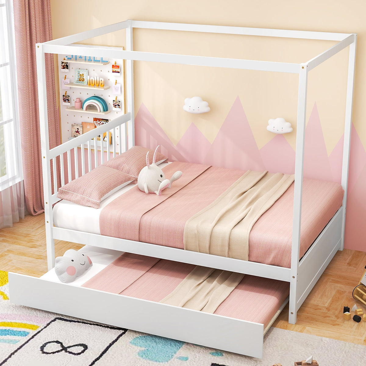 Full Size Canopy Bed with Trundle Wooden Platform Bed Frame Headboard-Trundle Bed Frame-DECOROLALA