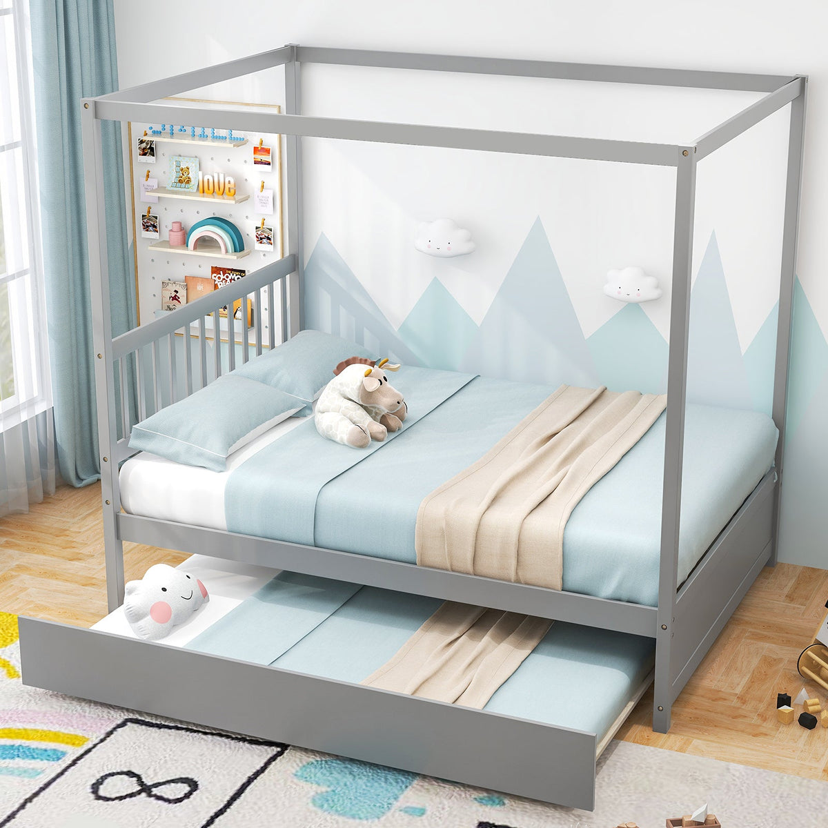 Full Size Canopy Bed with Trundle Wooden Platform Bed Frame Headboard-Trundle Bed Frame-DECOROLALA