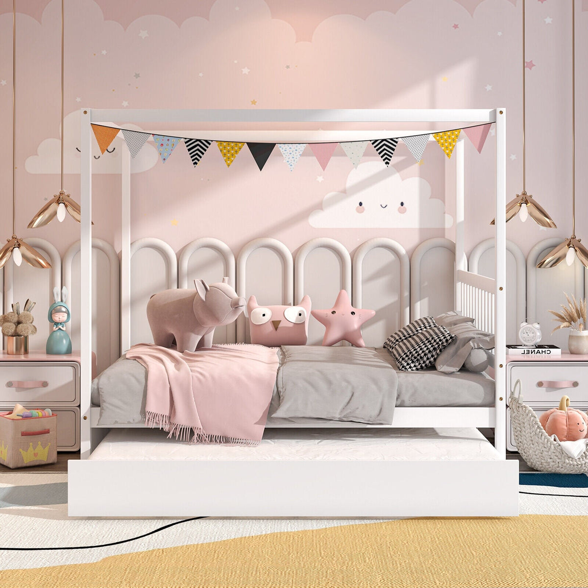 Full Size Canopy Bed with Trundle Wooden Platform Bed Frame Headboard-Trundle Bed Frame-DECOROLALA
