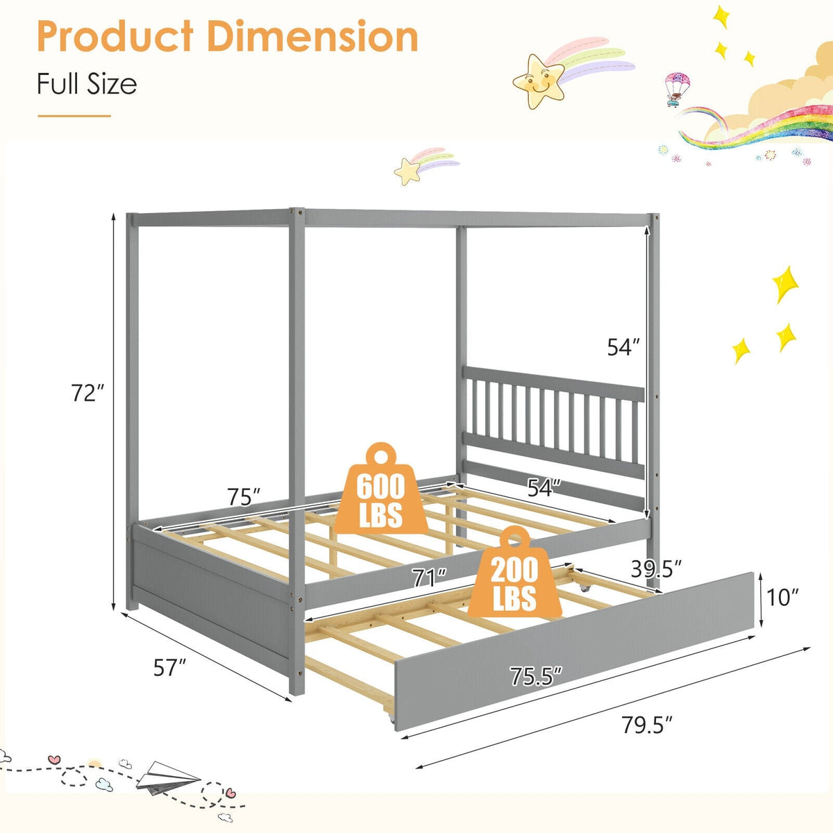 Full Size Canopy Bed with Trundle Wooden Platform Bed Frame Headboard-Trundle Bed Frame-DECOROLALA