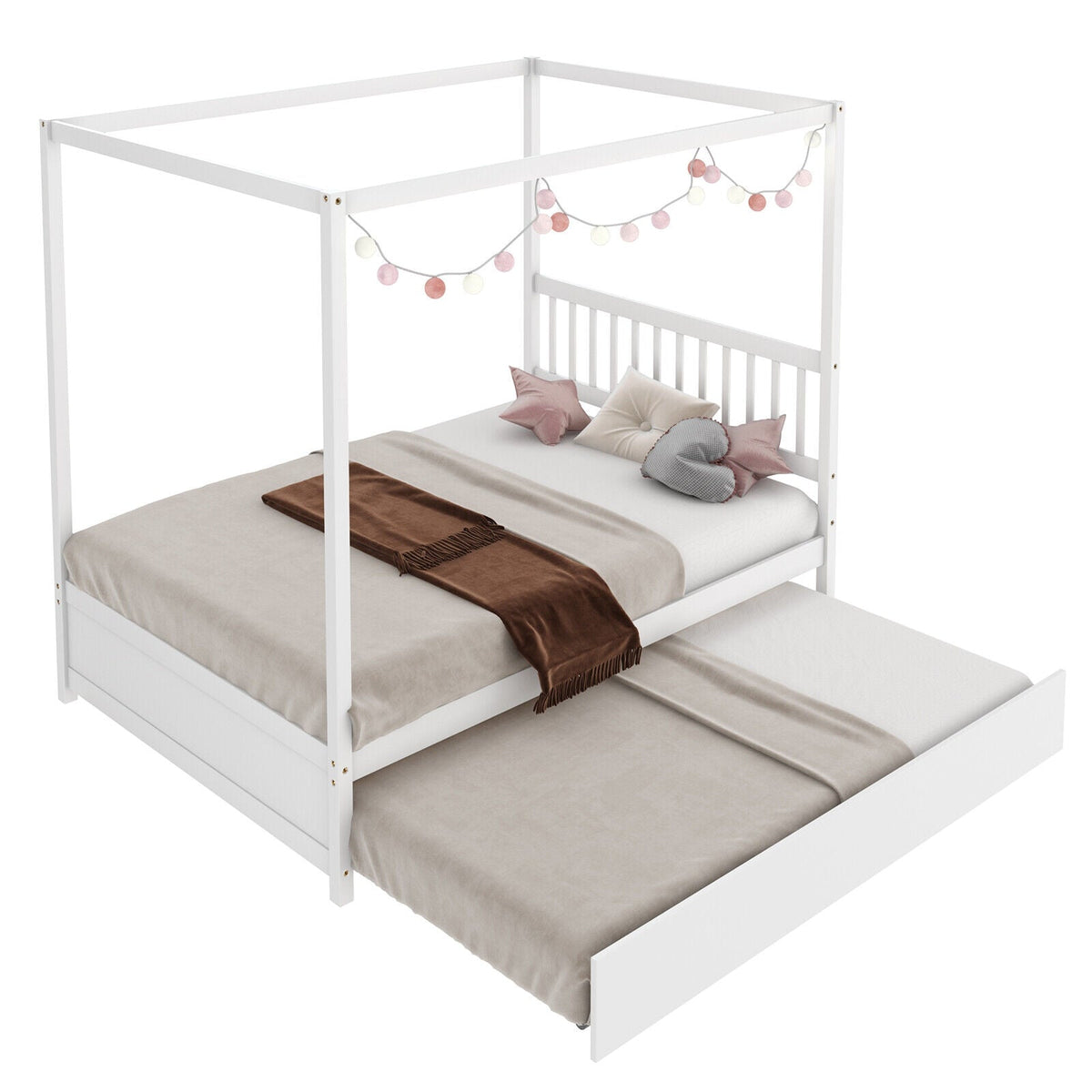 Full Size Canopy Bed with Trundle Wooden Platform Bed Frame Headboard-Trundle Bed Frame-DECOROLALA