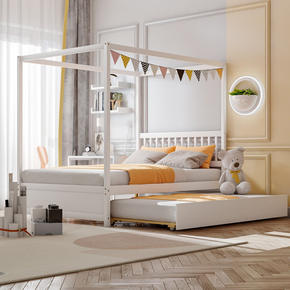 Full Size Canopy Bed with Trundle Wooden Platform Bed Frame Headboard-Trundle Bed Frame-DECOROLALA
