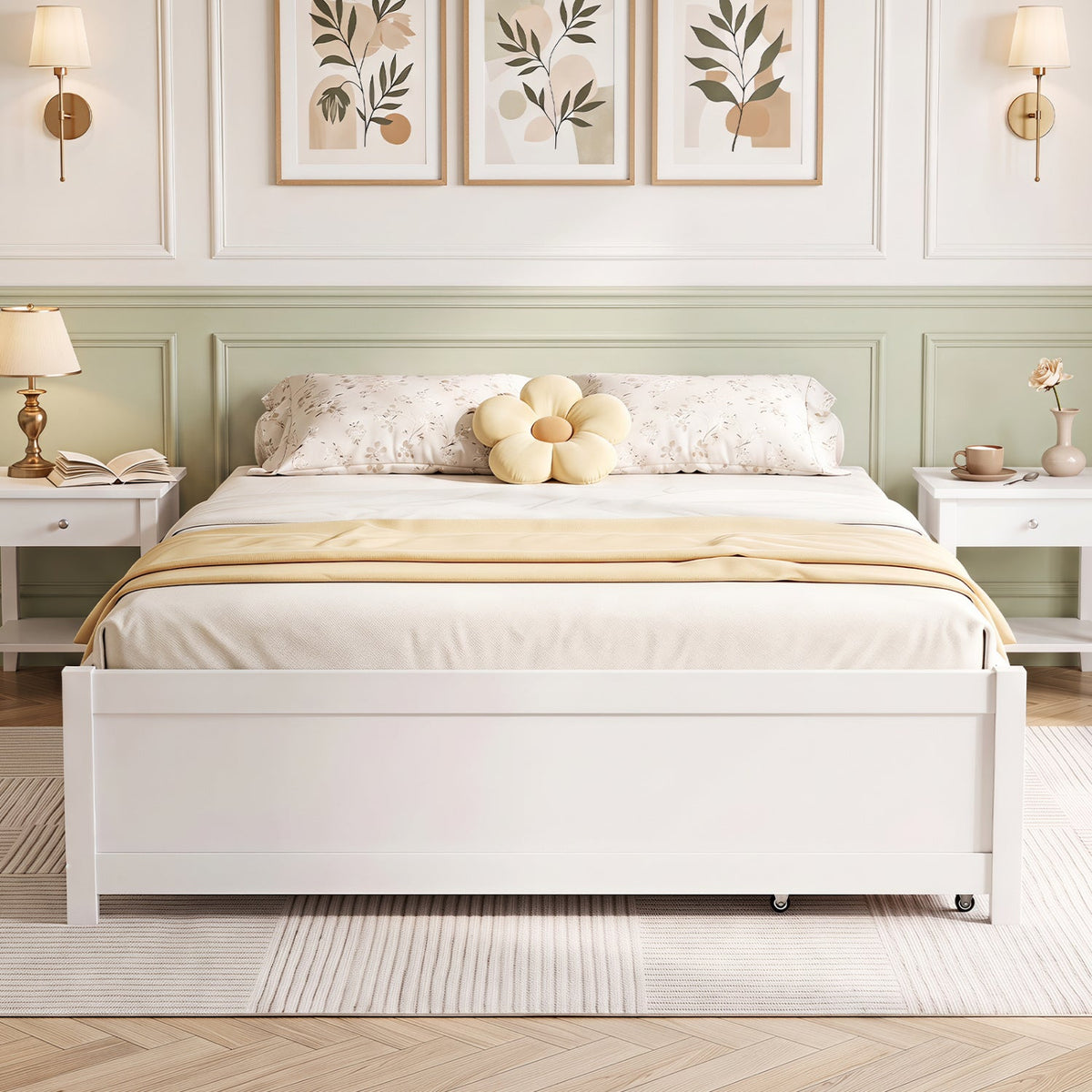 Full Size Wooden Bed Frame with 2 Rolling Storage Drawers-Trundle Bed Frame-DECOROLALA