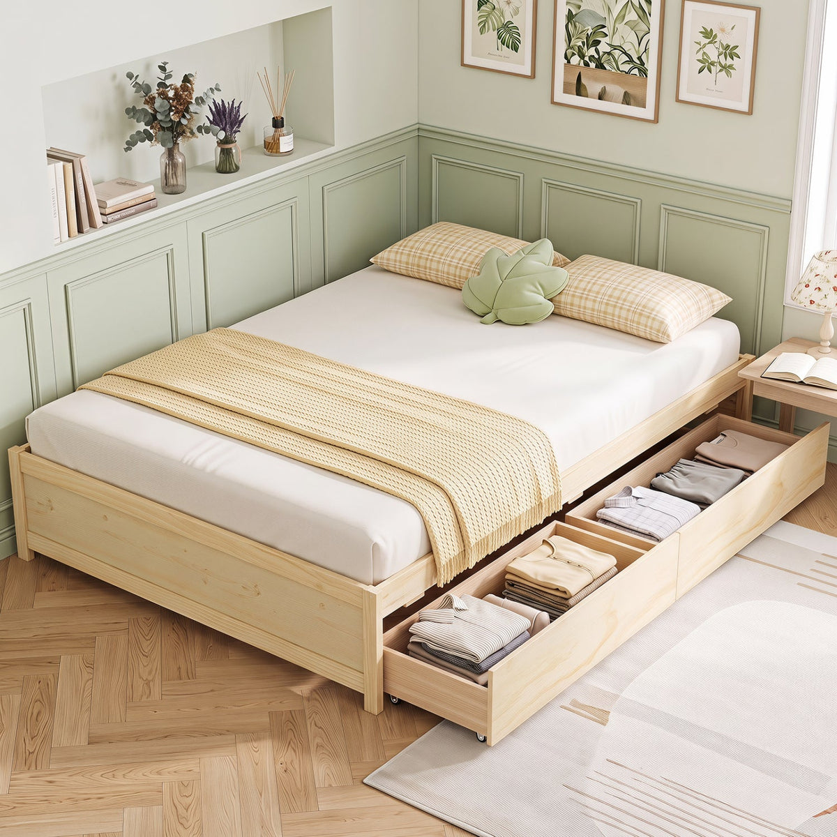 Full Size Wooden Bed Frame with 2 Rolling Storage Drawers-Trundle Bed Frame-DECOROLALA