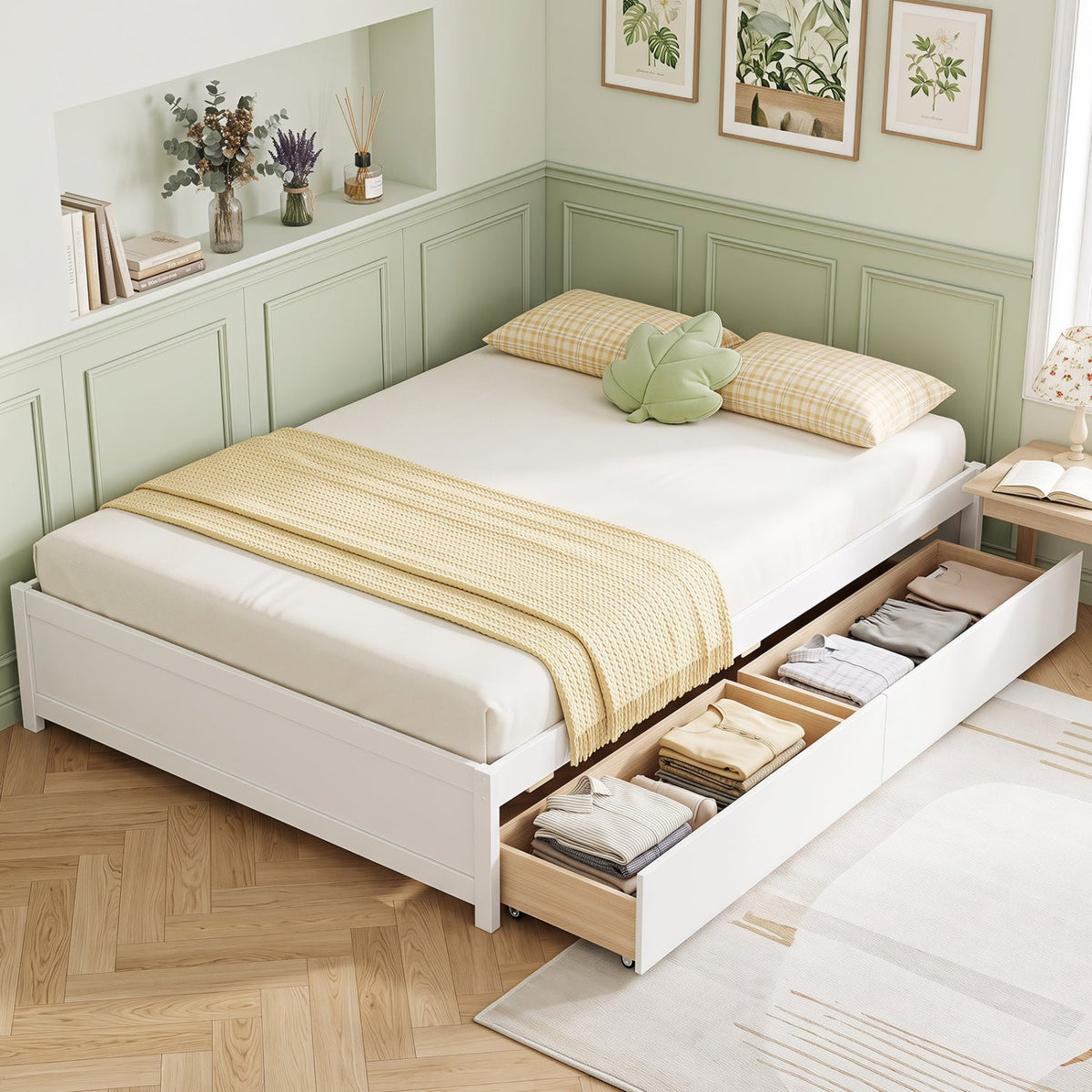 Full Size Wooden Bed Frame with 2 Rolling Storage Drawers-Trundle Bed Frame-DECOROLALA