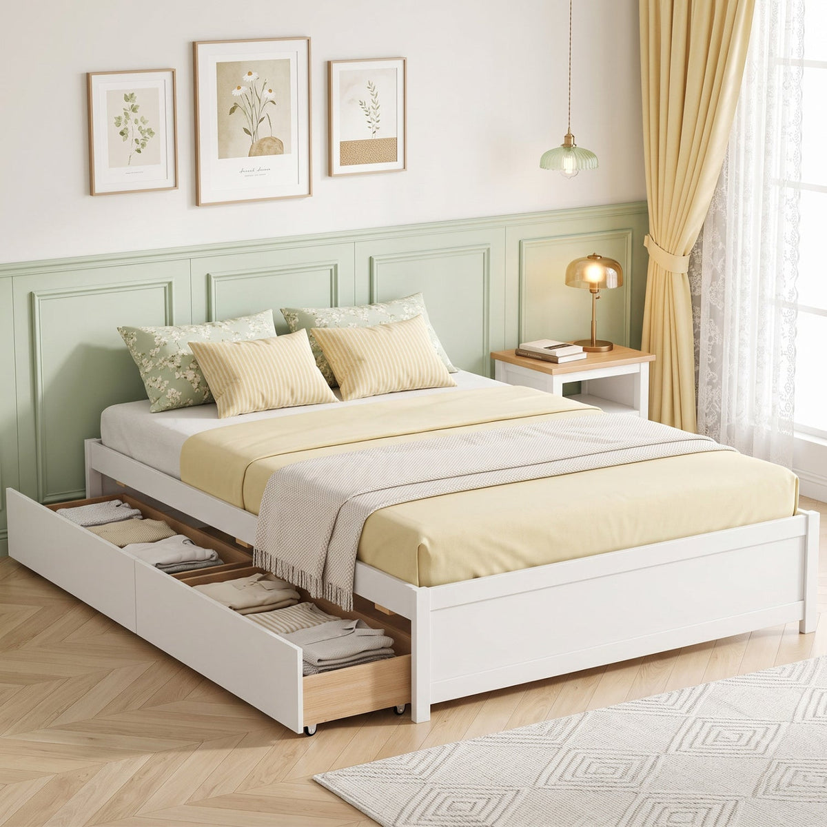 Full Size Wooden Bed Frame with 2 Rolling Storage Drawers-Trundle Bed Frame-DECOROLALA