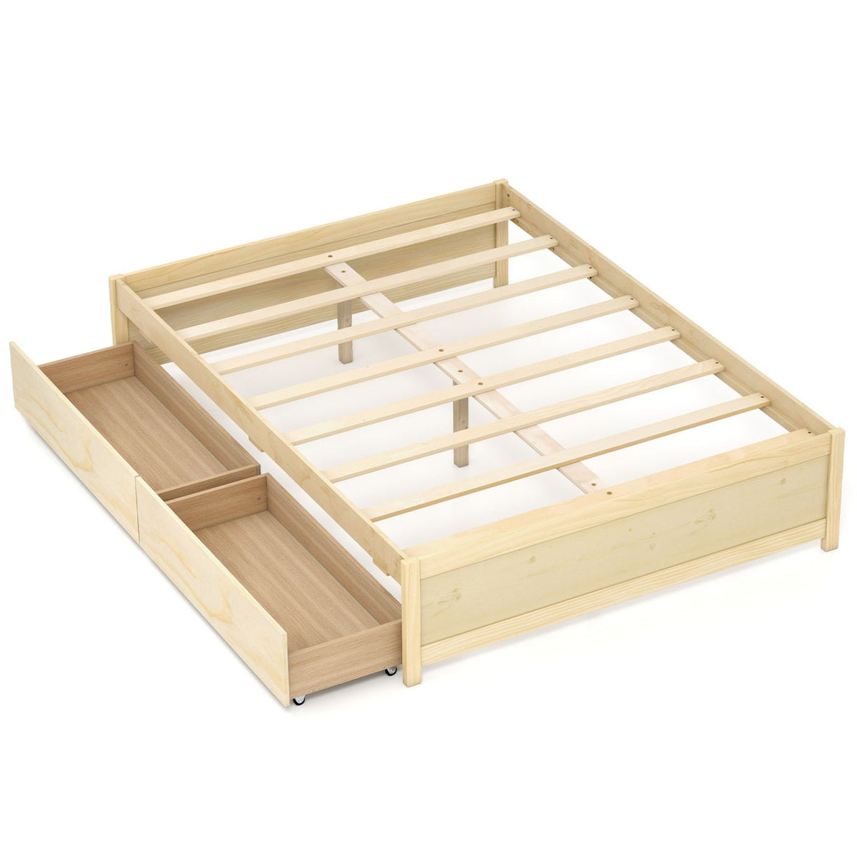 Full Size Wooden Bed Frame with 2 Rolling Storage Drawers-Trundle Bed Frame-DECOROLALA