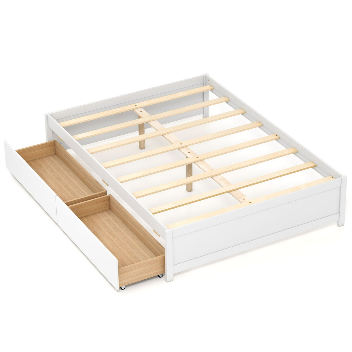 Full Size Wooden Bed Frame with 2 Rolling Storage Drawers-Trundle Bed Frame-DECOROLALA