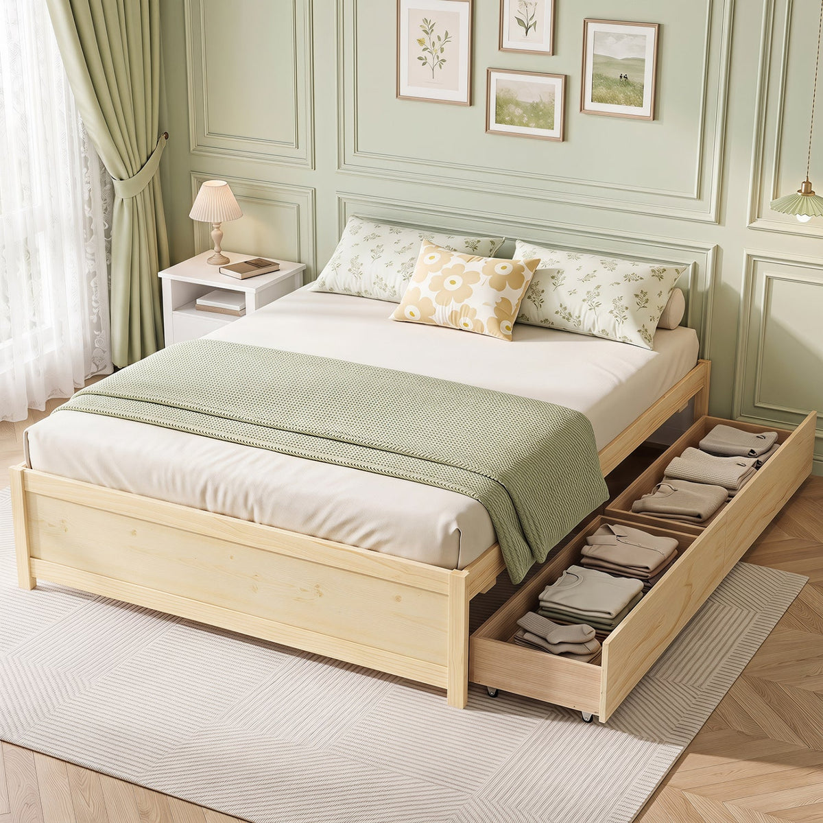 Full Size Wooden Bed Frame with 2 Rolling Storage Drawers-Trundle Bed Frame-DECOROLALA