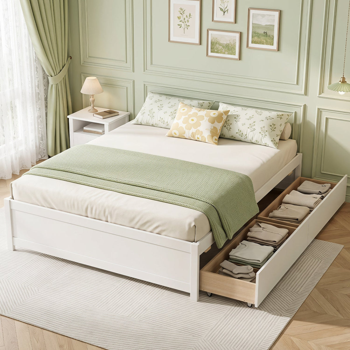 Full Size Wooden Bed Frame with 2 Rolling Storage Drawers-Trundle Bed Frame-DECOROLALA