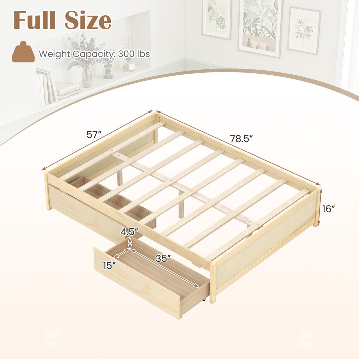 Full Size Wooden Bed Frame with 2 Rolling Storage Drawers-Trundle Bed Frame-DECOROLALA