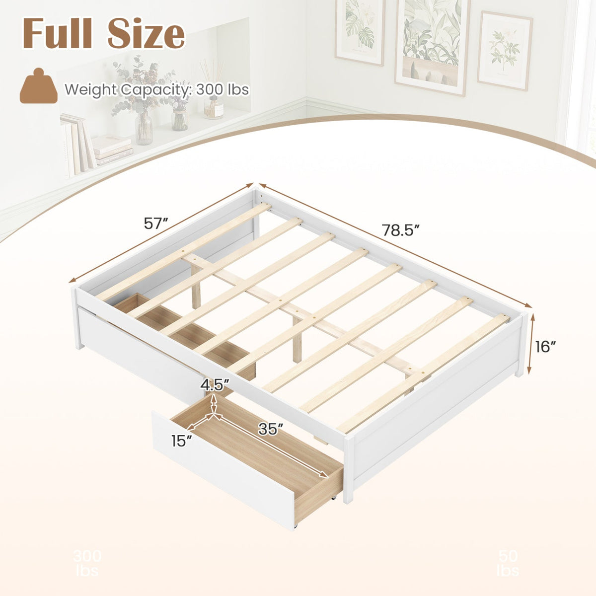 Full Size Wooden Bed Frame with 2 Rolling Storage Drawers-Trundle Bed Frame-DECOROLALA