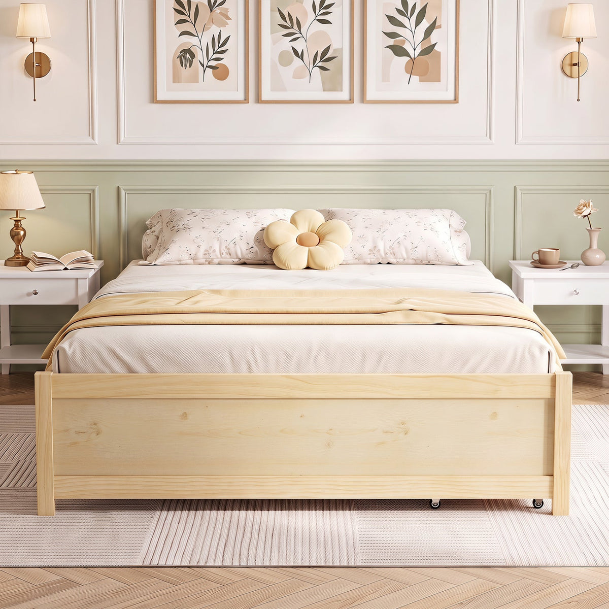 Full Size Wooden Bed Frame with 2 Rolling Storage Drawers-Trundle Bed Frame-DECOROLALA