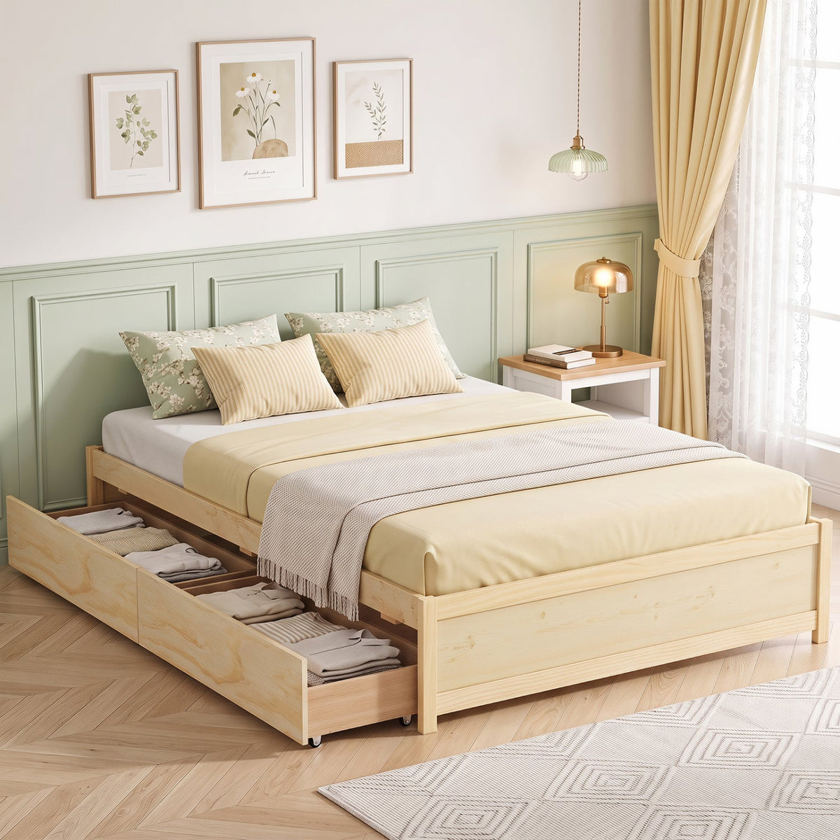 Full Size Wooden Bed Frame with 2 Rolling Storage Drawers-Trundle Bed Frame-DECOROLALA