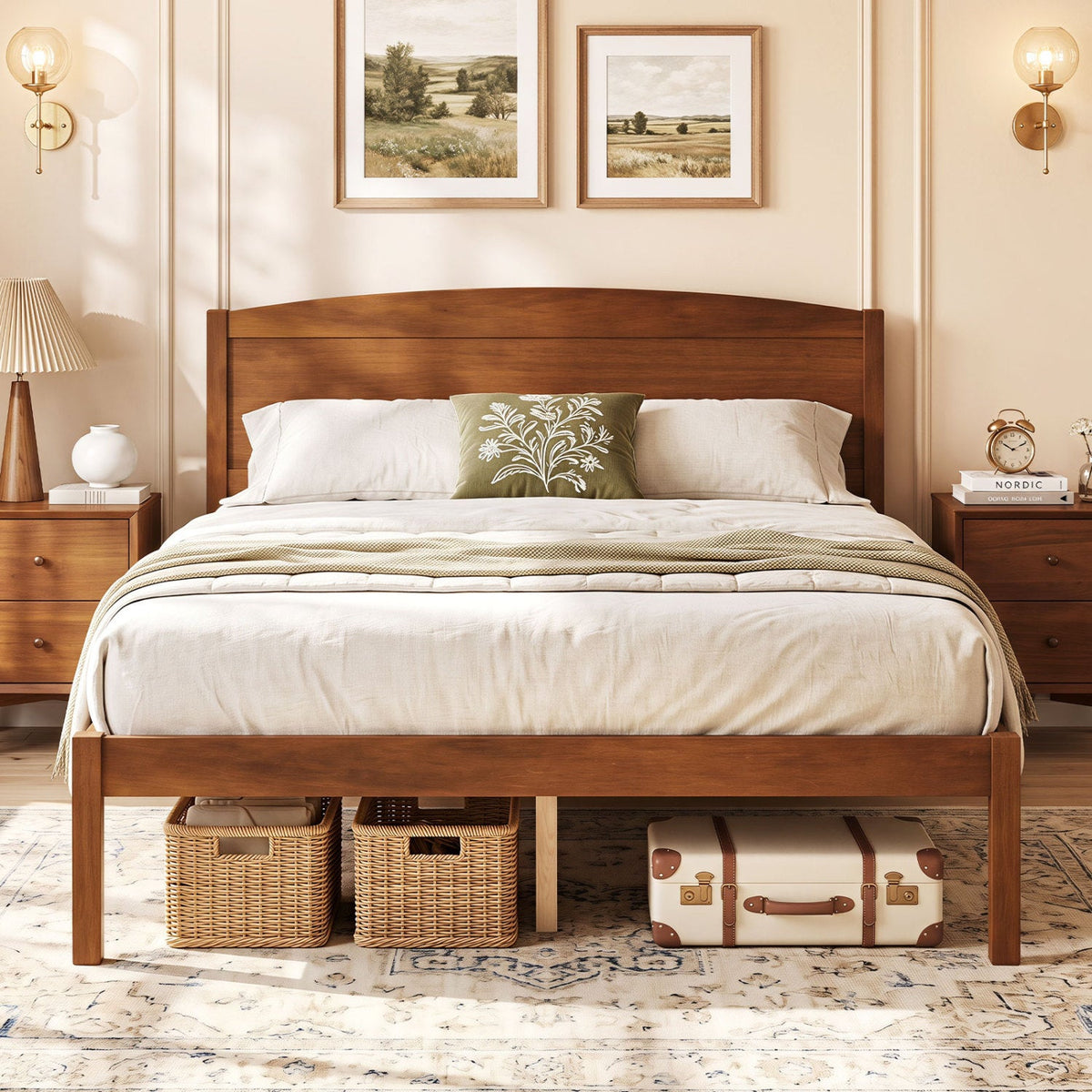 Full Size Wooden Platform Bed Frame with Curved Headboard-Beds & Bed Frames-DECOROLALA