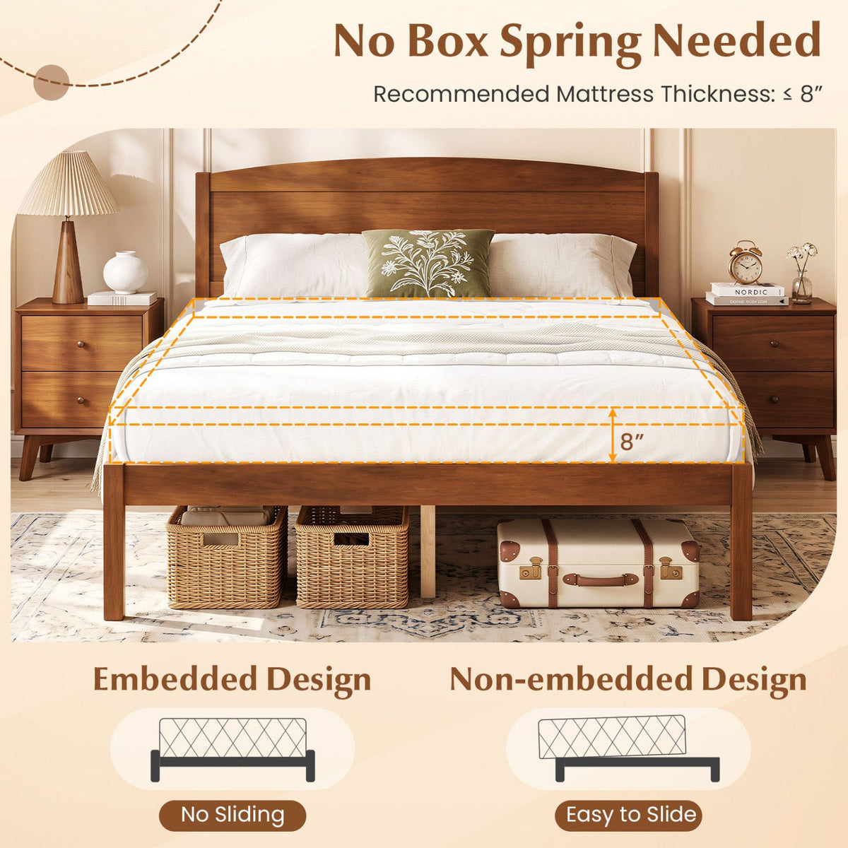 Full Size Wooden Platform Bed Frame with Curved Headboard-Beds & Bed Frames-DECOROLALA