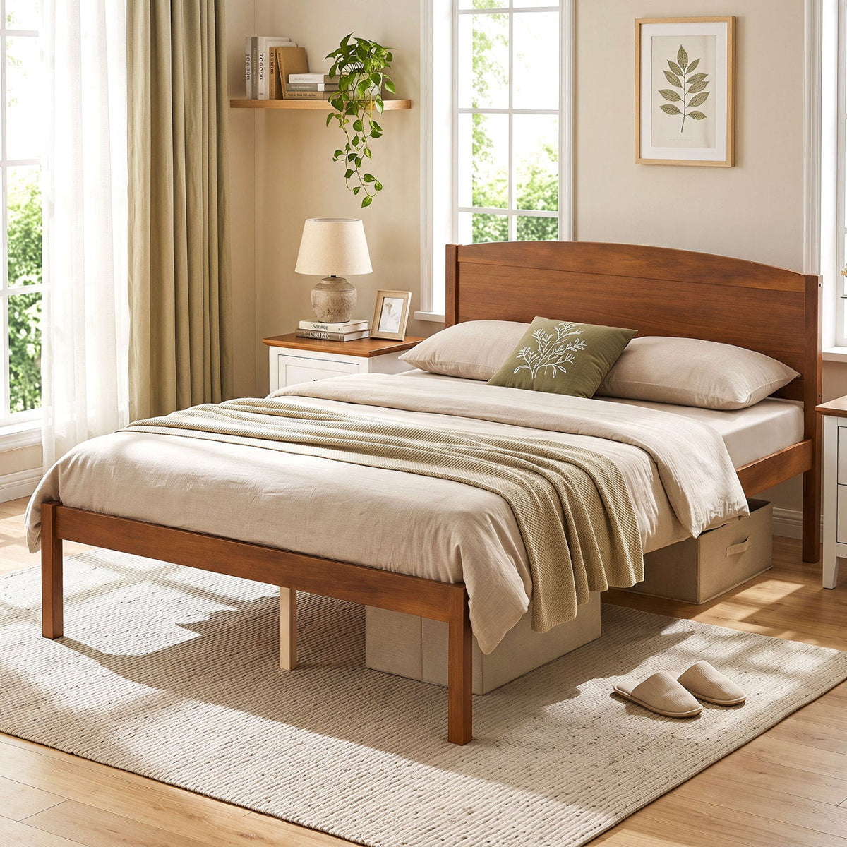 Full Size Wooden Platform Bed Frame with Curved Headboard-Beds & Bed Frames-DECOROLALA