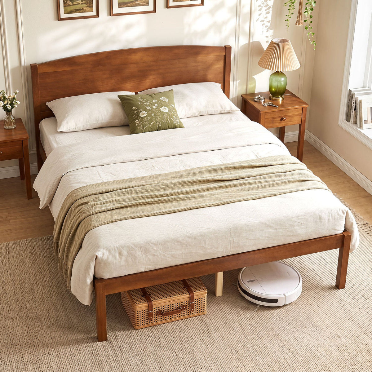 Full Size Wooden Platform Bed Frame with Curved Headboard-Beds & Bed Frames-DECOROLALA