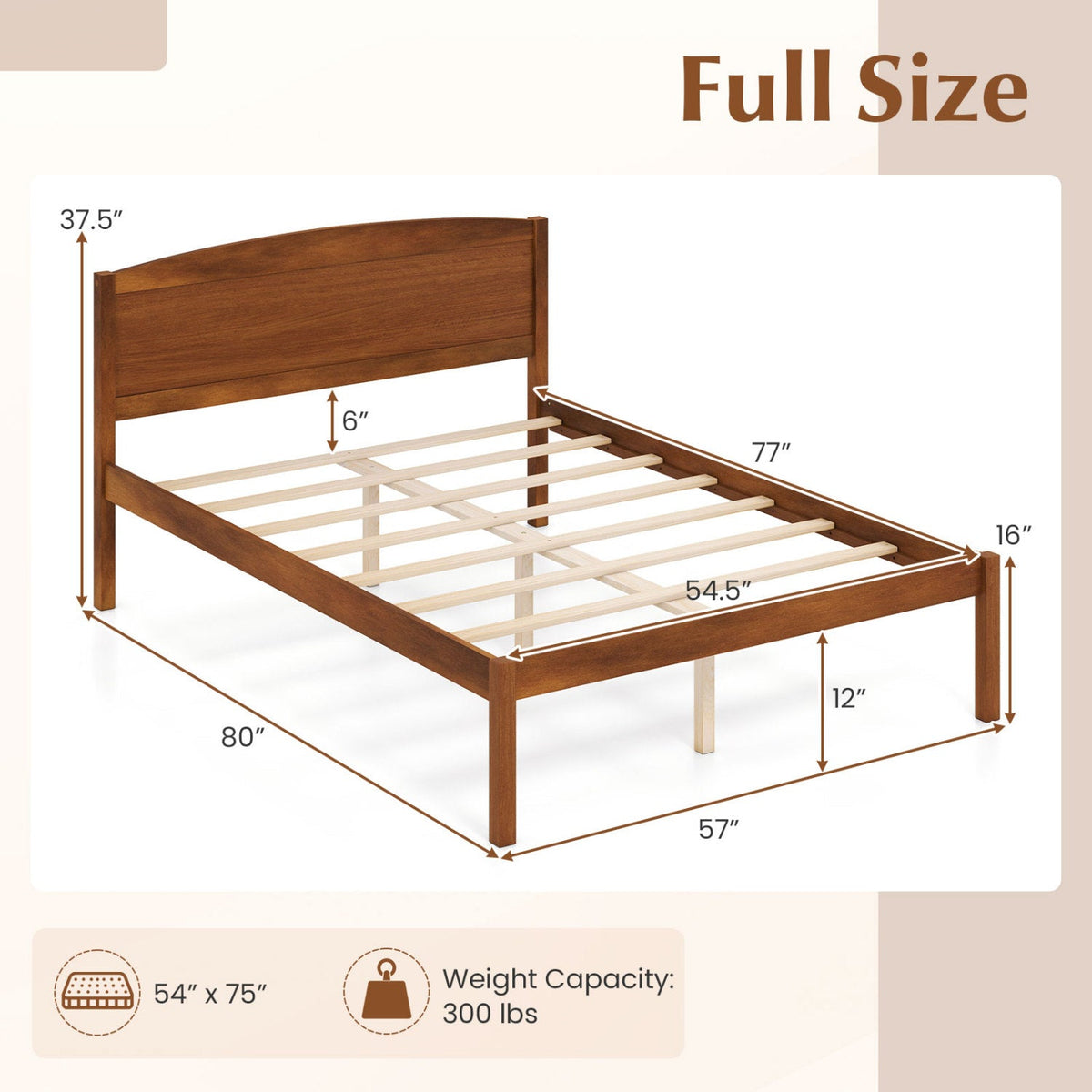 Full Size Wooden Platform Bed Frame with Curved Headboard-Beds & Bed Frames-DECOROLALA