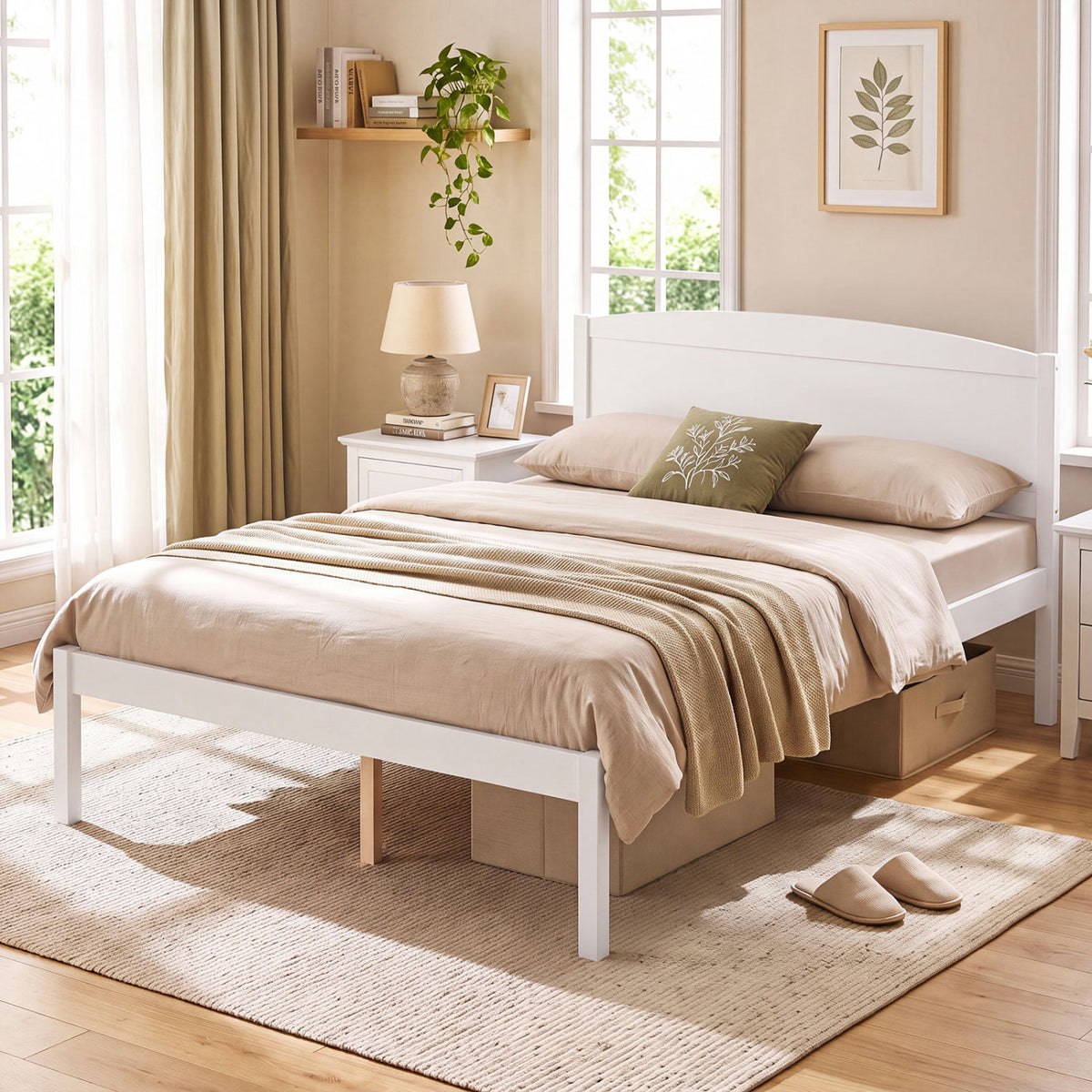 Full Size Wooden Platform Bed Frame with Curved Headboard-White-Beds & Bed Frames-DECOROLALA