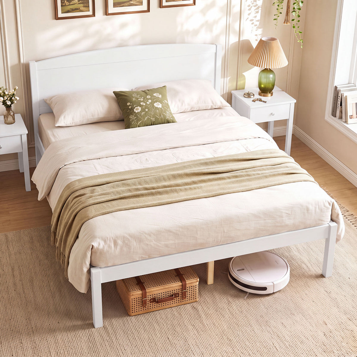 Full Size Wooden Platform Bed Frame with Curved Headboard-White-Beds & Bed Frames-DECOROLALA